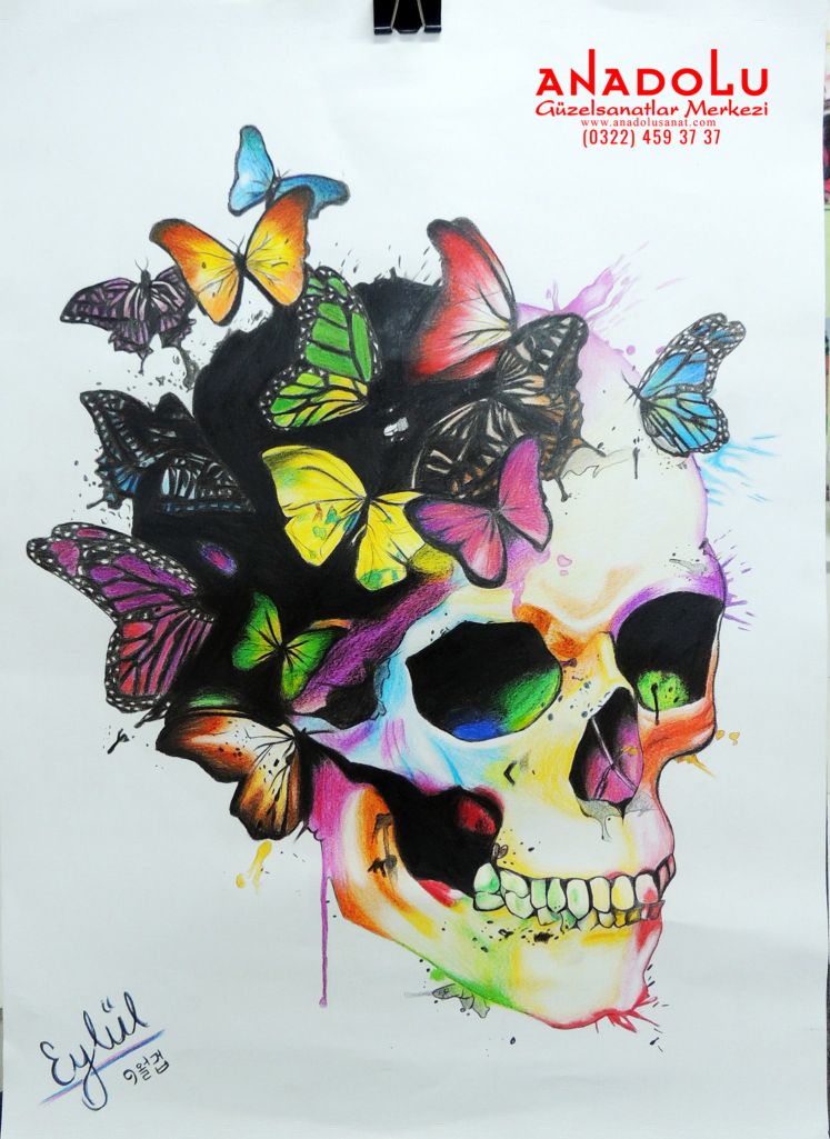 Kuru Boya Tekniği İle Yapılan Kuru Kafa Çizimleri İzmir