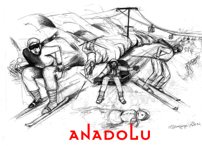 Karakalem İmgesel Kayak Yapan İnsanlar Çizimi İzmir